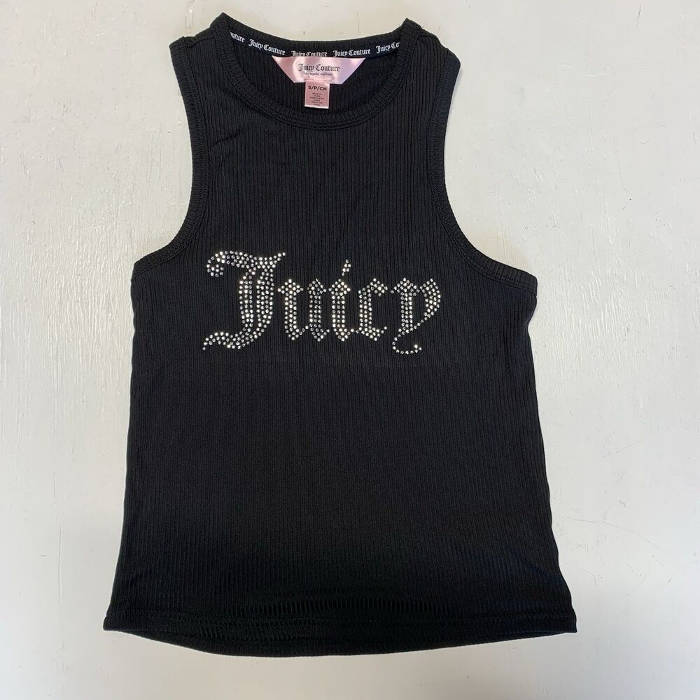 Juicy Couture Women's Black Rhinestone Juicy Logo Tank Top S Scoop Neck Black